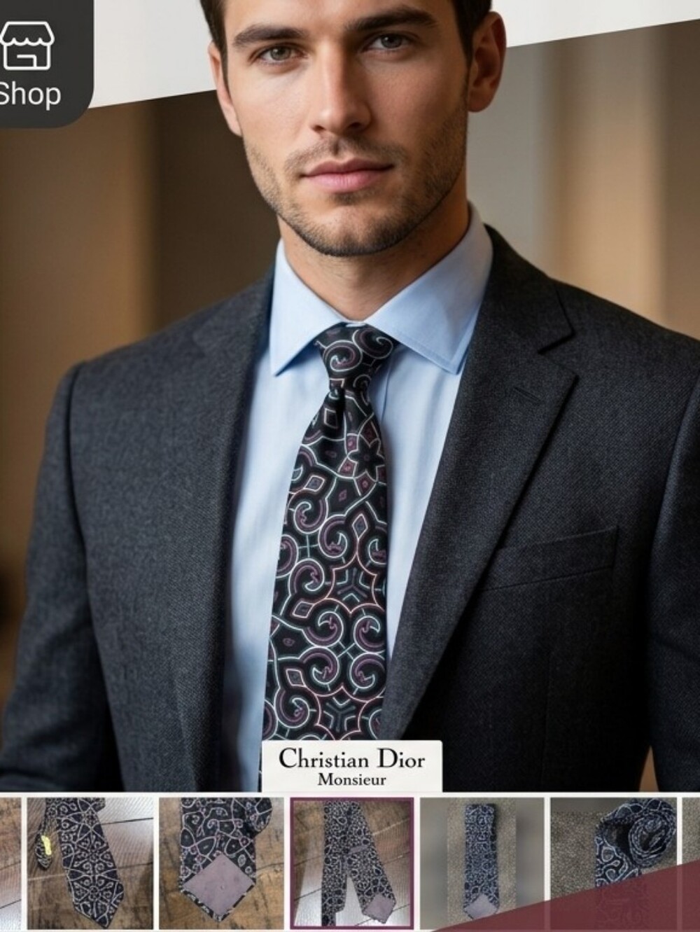 Vintage Christian Dior Monsieur Navy Silk Tie – Abstract Geometric Swirl Pattern